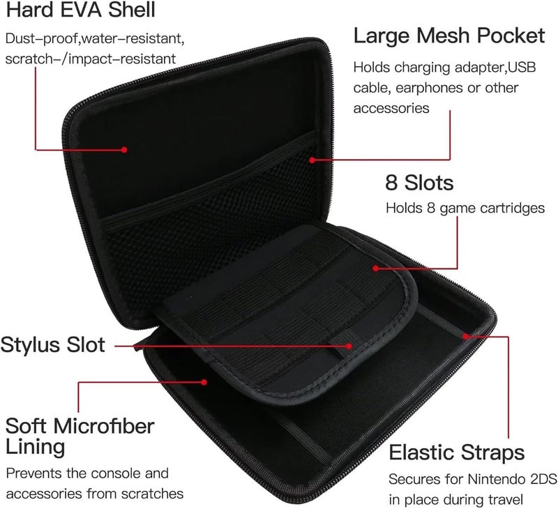 Pomya Protective Hard Shell Travel Carrying Case for 2DS with 8 Game Card Holders, Shockproof Dust Proof, Lightweight Design for Everyday Guard and Travel (Black) - Image 4